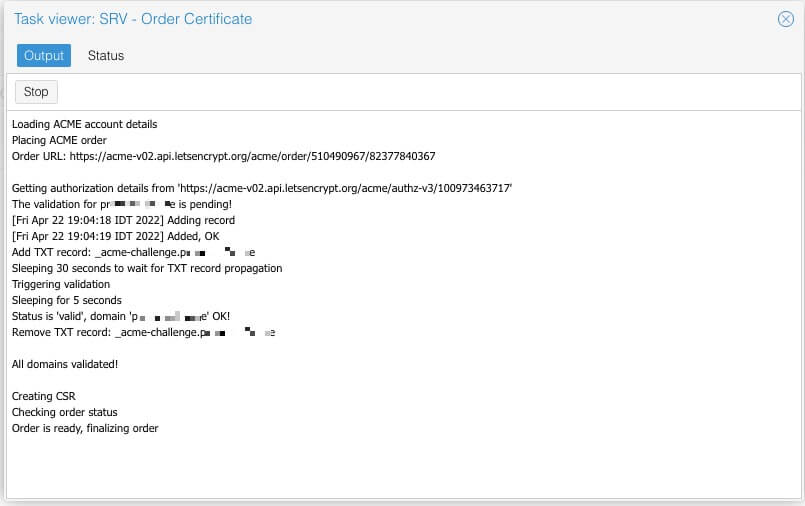 Proxmox Certificate Order Output